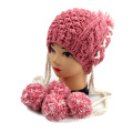 Hand Knit Hat Earflap with Pompom Women Children Adult Sizing